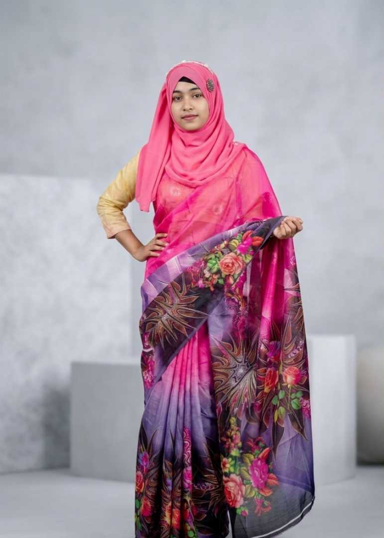 পিঙ্ক,ফ্লোরাল,ডিজিটাল,প্রিন্ট,শাড়ি,রিজক স্টোর,rizq store,Pink floral digital print saree, pink floral saree for women, digital print saree Bangladesh, stylish pink saree collection, premium floral p