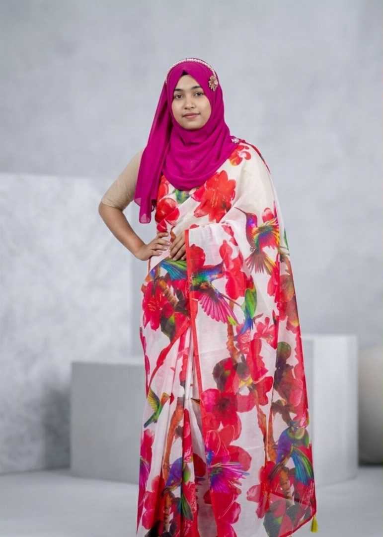 গর্জিয়াস,রেড,ফ্লোরাল,ডিজিটাল,প্রিন্ট,শাড়ি,Gorgeous red floral digital print saree, red floral saree for women, digital print saree Bangladesh, stylish red saree collection, premium floral print sar