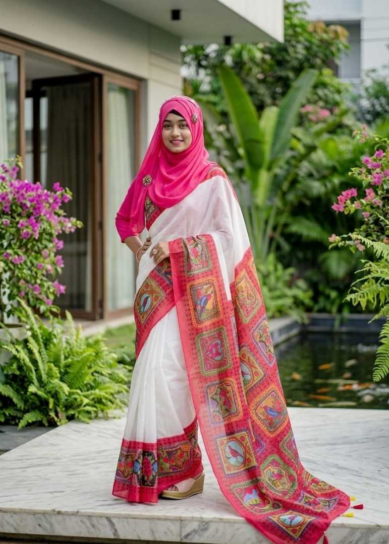 এলিগেন্ট,সাদা,বেস,কালারফুল,পাড়,ডিজাইন,শাড়ি.elegant white base colorful border design sari, white border sari for women, colorful border sari Bangladesh, stylish white sari collection, premium borde