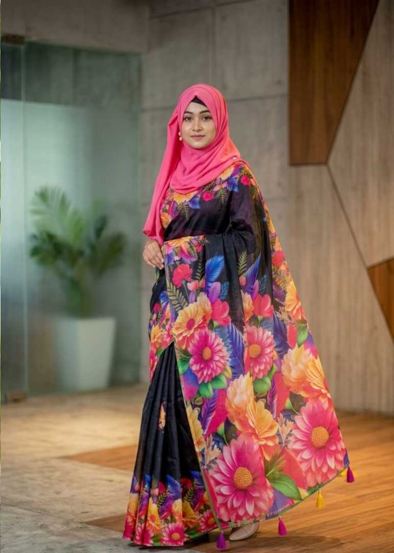 প্রিমিয়াম,কালো,বেস,কালারফুল,ফ্লোরাল,প্রিন্টেড,শাড়ি,premium black base colorful floral printed sari, black floral printed sari for women, colorful floral print sari, black base floral sari Banglades
